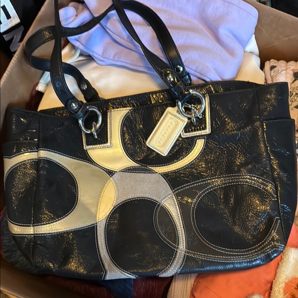 Coach Black and Cream Signature Shoulder Bag